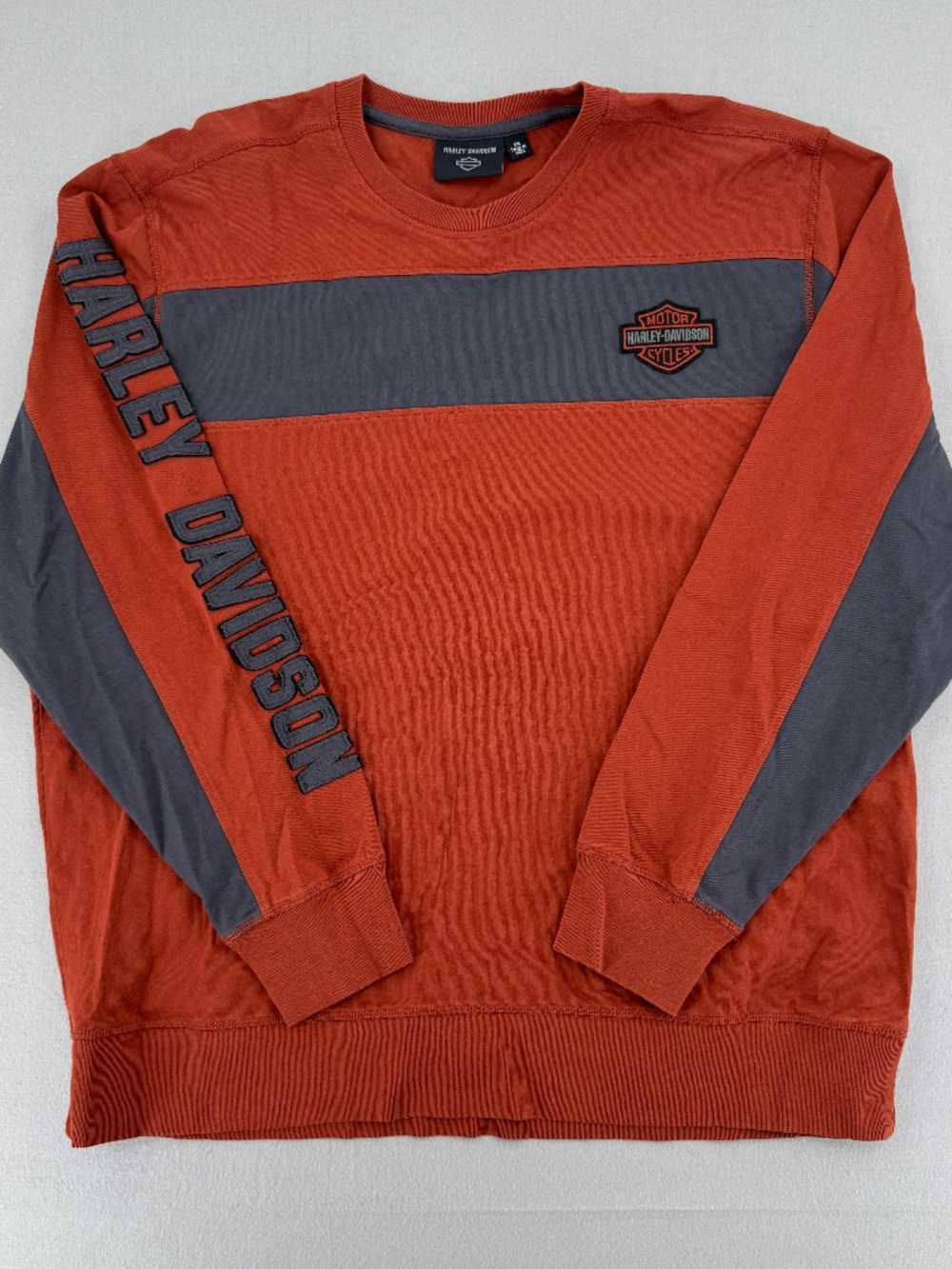 Harley-Davidson Long Sleeve Shirt Orange Grey Sleeve Spellout Biker Moto Men 2XL